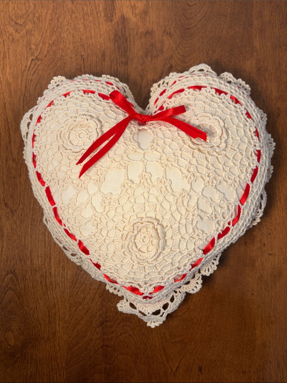 Vintage Style Crochet Lace Heart Pillow Red Ribbon Cottagecore